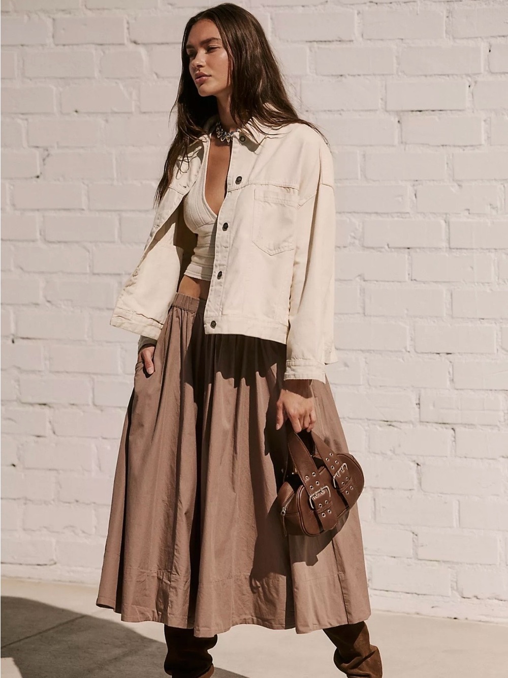 Free People Mocha Brown Lowen Midi Skirt